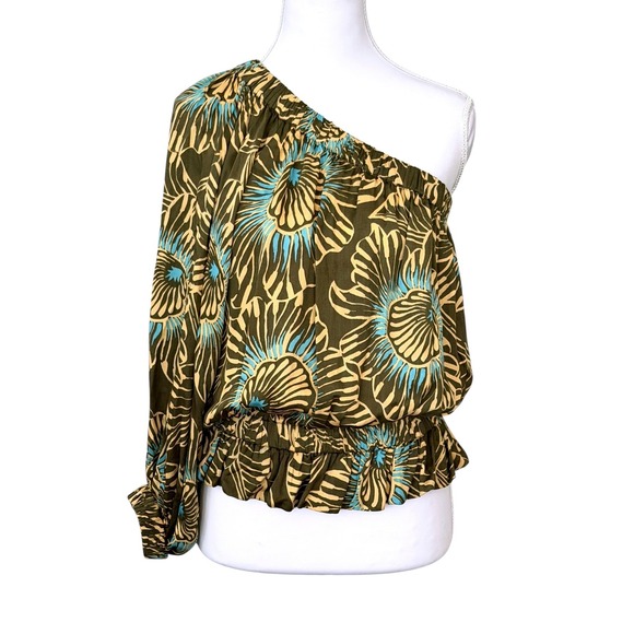 Omika Tops - Omika Anthropologie One Shoulder Peplum Blouse M Green Floral Resortwear Luxury